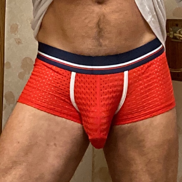Trunks, red with navy blue waist band fits like medium. - Picture 1 of 5